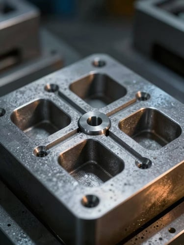 Macro close-up of a high-precision investment casting mold showing intricate geometric tolerances, cool steel gray and blue-toned ambient workshop light