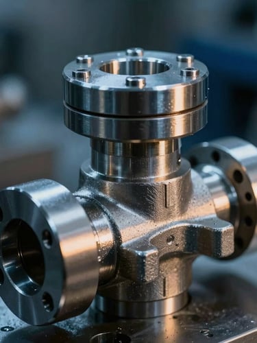 Macro close-up of a high-precision stainless steel valve body casting, dramatic high-contrast workshop lighting with cool blue ambient tones, showing fine metal texture.