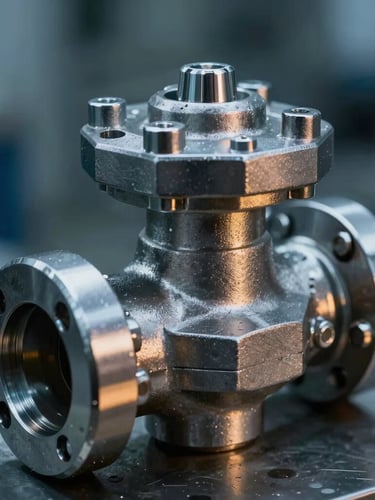 Macro close-up of a finished stainless steel valve casting, showcasing intricate geometric details and a perfectly smooth, defect-free surface under cool blue-toned workshop light