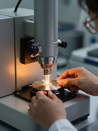 A laboratory technician placing a metal sample into a high-precision optical emission spectrometer, dramatic high-contrast workshop lighting, cool steel gray and glowing amber tones