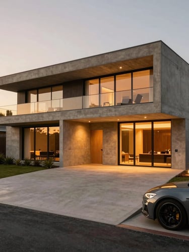 A dramatic golden-hour architectural facade of a modern concrete villa with a clean concrete driveway, warm ambient lights glowing from inside, 35mm photography.