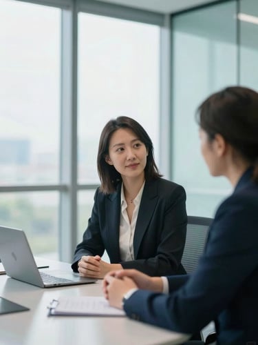 A professional, candid partner-client consultation in a bright, glass-walled conference room, natural window light, cool corporate tones, shallow depth of field, editorial style, 50mm lens.