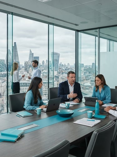 Wide environmental shot of a modern glass-walled corporate boardroom overlooking a clean city skyline at overcast daylight, cool corporate tones with sharp turquoise accents, professional editorial photography