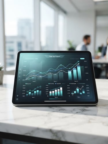 A clean digital interface showing a three-year financial forecast on a tablet, resting on a marble desk in an airy corporate office, natural window light, soft turquoise accents