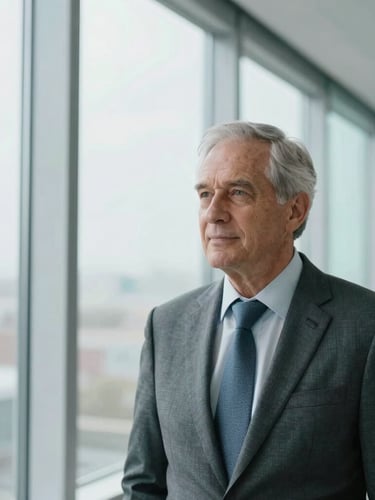 Professional, candid portrait of a senior financial partner in a bright, modern glass-walled office, natural window light, looking thoughtfully slightly off-camera, professional editorial photography