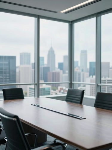 Wide environmental shot of a modern glass-walled corporate boardroom overlooking a city skyline, bright natural overcast daylight, professional editorial style