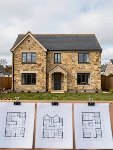 Wide environmental exterior shot of a completed UK rural residential extension, stone facade under bright overcast northern daylight, architectural drawings pinned to a board in the foreground, no people, clean and factual framing