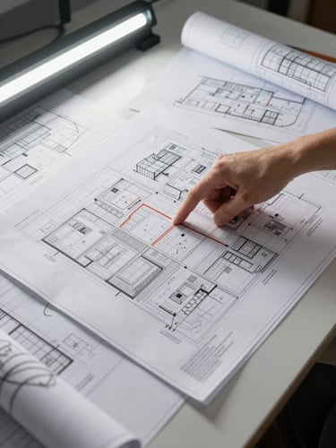 Overhead wide shot of architectural drawings and planning documents spread across a large work table, a hand pointing at a site boundary marked on a land parcel map, clean LED studio lighting, sharp focus on the paperwork surface