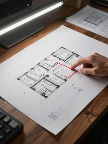 Overhead shot of large-format architectural drawings spread across a dark oak table, a hand pointing at a site boundary line, planning notes visible at the edge, clean LED office light from above