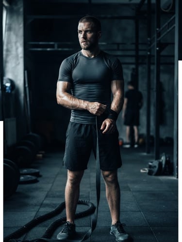 Portrait of a focused male fitness athlete in professional athletic apparel standing in a moody gym with high-contrast side-lighting, desaturated cool tones, sharp focus, 35mm.