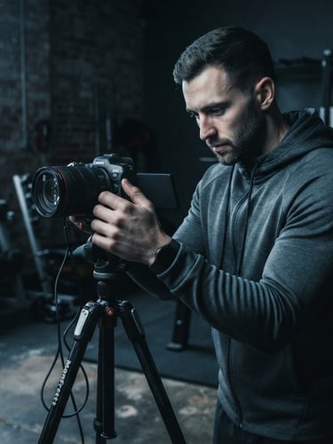 A close-up of a focused male fitness creator in a dark grey athletic hoodie, adjusting a camera on a tripod in a moody, side-lit gym studio, sharp focus, desaturated cool tones