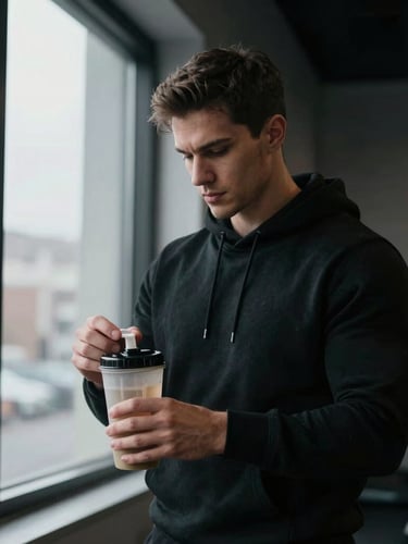 A focused male athlete in a dark studio, wearing a clean black hoodie, preparing a precise protein shake near a window with moody side-lighting, 35mm photography