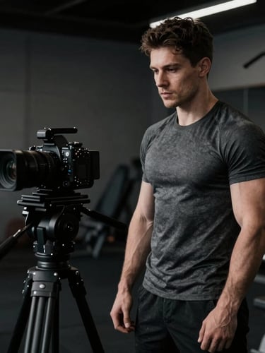 A focused male fitness creator recording a video with a professional camera setup in a moody gym. High-contrast side-lighting, desaturated cool tones, sharp focus, 35mm.