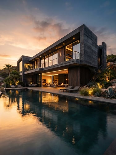 An ultra-wide low-angle shot of a luxury modern concrete and glass villa facade at golden hour, deep charcoal shadows, warm gold light reflecting on water, architectural photography