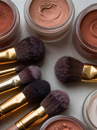 A macro, top-down flatlay of luxury makeup artistry tools: gold-handled brushes, rich terracotta pigments in glass jars, and hydrating creams reflecting soft, diffused morning light.