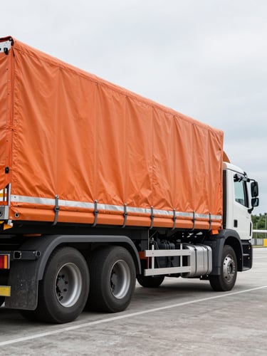 Side profile of a 24-foot canopy lorry parked at a concrete loading bay in Tuas, showing the heavy-duty weather-proof orange canvas cover secured with industrial tension straps, daylight.