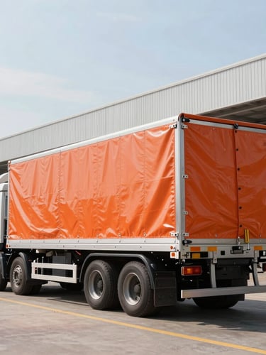 Wide environmental portrait of a 24-foot canopy lorry parked at a modern industrial loading dock in Tuas, Singapore. Bright natural daylight, clean metallic surfaces, heavy-duty orange weather-proof canopy tightly secured, professional and reliable atmosphere.