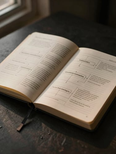 Warm editorial detail photography of an open black notebook showing structured business consulting frameworks, warm side lighting, dark muted tones, 50mm
