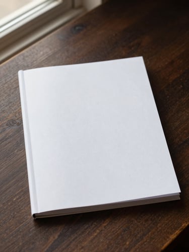 A crisp high-contrast mockup of a minimalist masterclass workbook on a dark wooden desk, warm amber side lighting, shallow depth of field, premium editorial style