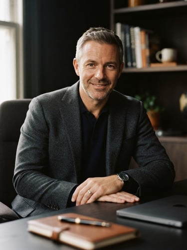 Warm editorial portrait photography of a confident male consultant in his 40s sitting in a minimalist dark home office, soft window light, shallow depth of field, 50mm