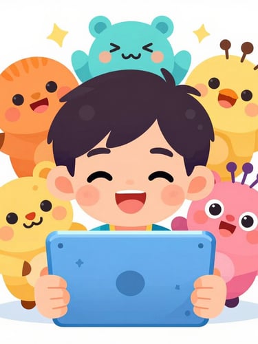 Portrait vector illustration of a happy child watching an animated video on a tablet, with playful cartoon characters peeking from behind the screen, bright and high-key lighting.