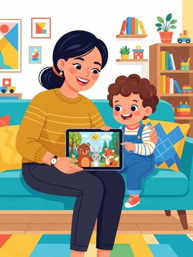 Wide shot of a happy mother and toddler sitting together on a bright couch, watching a tablet displaying colorful cartoon characters. The tablet is in the foreground, with the mother and child smiling and engaged, bright high-key lighting, flat vector style illustration.