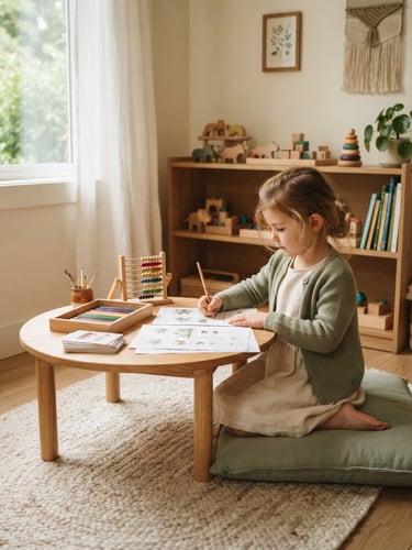 A cozy homeschool learning nook with wooden toys, soft sage green cushions, and printed worksheets neatly arranged on a low table, warm natural daylight.