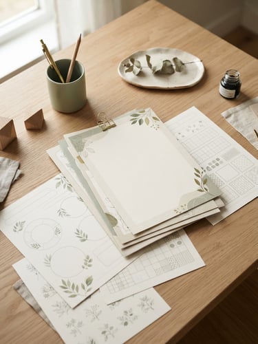 A high-quality flat-lay mockup of printed educational worksheets on a light oak table, soft natural morning light, muted sage and cream tones, shallow depth of field.