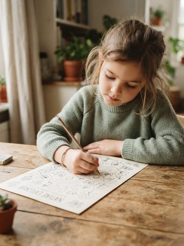 Warm editorial photo of a child using a printable worksheet on a wooden desk, soft natural daylight, muted sage and cream tones, shallow depth of field, 35mm