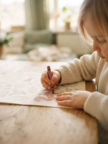 Hands of a young child gently coloring a paper worksheet on a light wooden table, soft natural morning light, shallow depth of field, warm Scandinavian aesthetic