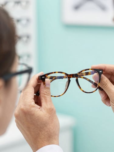Close-up of an optometrist adjusting stylish tortoiseshell glasses on a customer, bright premium lighting, clean clinical setting, shallow depth of field