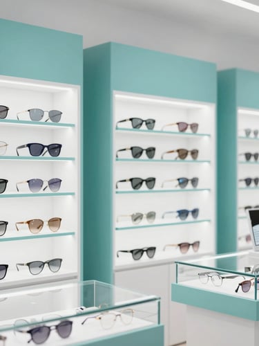 Bright premium optical showroom interior with clean display cases of designer glasses, soft teal accents, daylight, 50mm lens