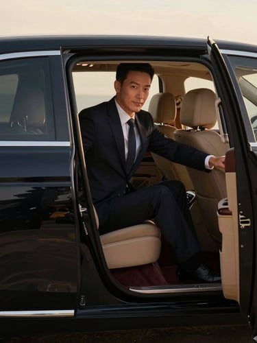 Elegant portrait of a professional private chauffeur in a dark suit opening the door of a black luxury sedan, warm golden-hour lighting, clean composition, high-end hospitality.