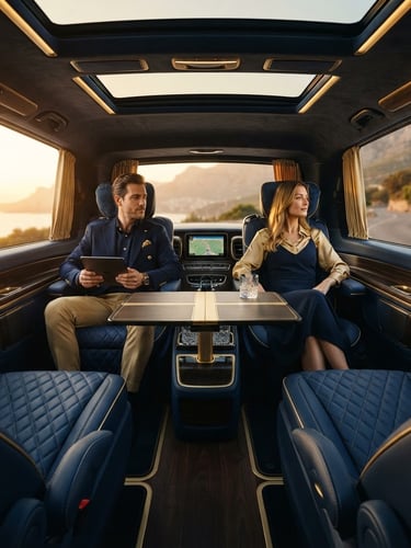 Wide cinematic interior shot of a luxury Mercedes-Benz V-Class VIP design, premium leather seats, ambient warm golden-hour light filtering through the windows, high-end corporate travel editorial style.