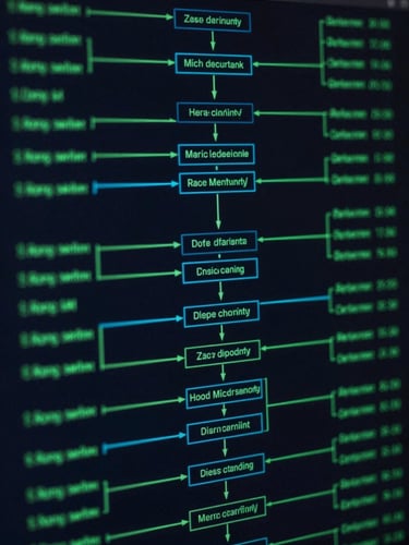 High-contrast dark-mode database schema diagram with glowing green and cyan lines showing table relationships, clean vector style on a deep slate background