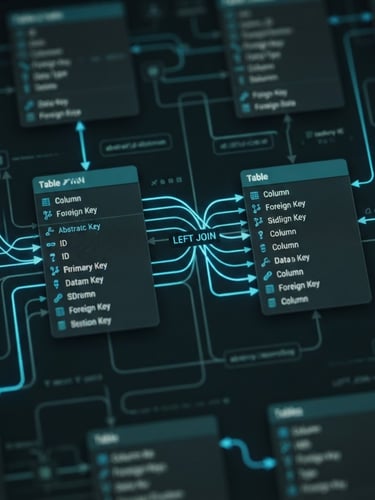 Macro shot of a dark-mode database schema diagram on a screen, neon blue connecting lines showing a LEFT JOIN relationship, soft terminal glow, high contrast