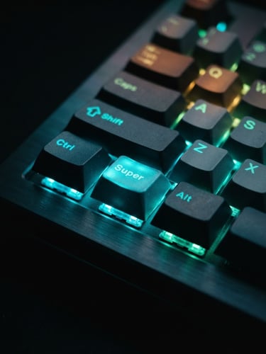 Macro shot of a mechanical keyboard in a dark room with neon cyan and green backlighting, focused on the control keys, shallow depth of field