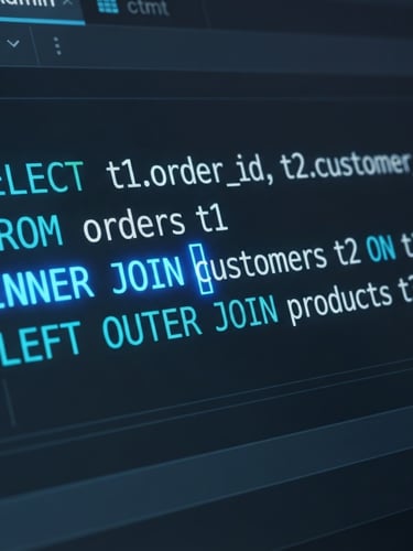 Macro shot of a dark-mode phpMyAdmin SQL query editor, neon blue cursor blinking on an INNER JOIN clause, deep slate background, high-contrast terminal glow