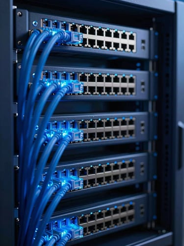 Sleek modern server rack with glowing blue ethernet cables, cool low-key studio lighting, sharp focus on network ports, 35mm