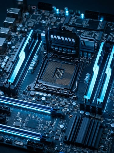 Macro shot of high-performance server motherboard with cool-toned blue LED accents, sharp focus on chip architecture, 35mm