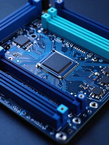 Sleek close-up macro shot of high-performance server motherboard, cool-toned blue and neon cyan accents, sharp focus on clean circuit traces and memory slots, 35mm technical photography