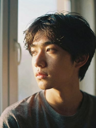 A close-up candid environmental portrait of a person looking thoughtfully off-camera, warm golden hour window light, soft 35mm film aesthetic, muted earth tones.