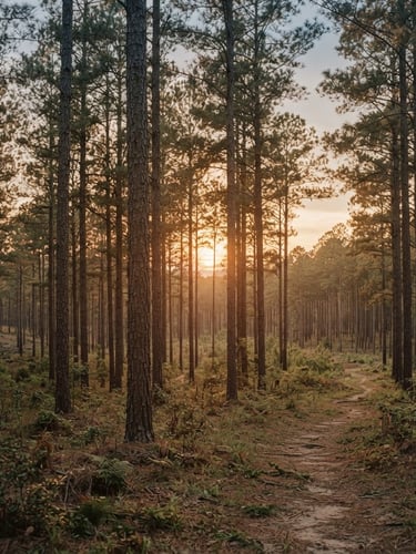 A quiet, wide environmental shot of North Carolina pine forest at sunset, soft golden hour light, 35mm film aesthetic.