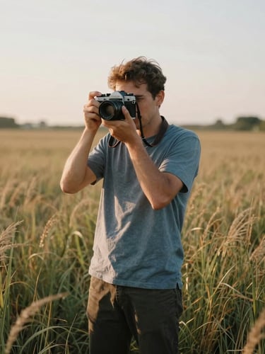 A photographer holding a vintage rangefinder camera, standing in a field of tall grass during golden hour, soft warm light, natural unposed posture