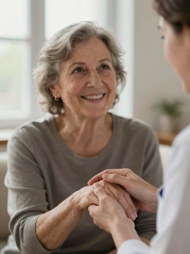 A warm, natural light medium close-up of an elderly woman smiling as a caregiver gently holds her hand, shallow depth of field, authentic, soft focus
