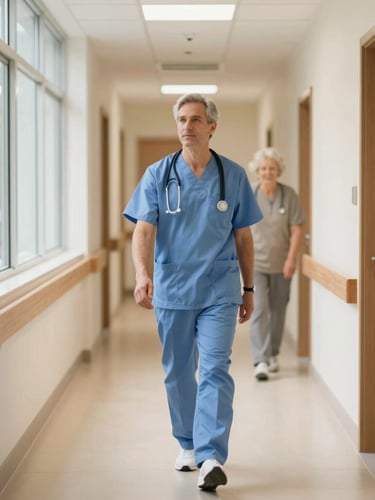 A clean, warm, modern nursing home hallway with soft natural light, a professional caregiver walking with a senior in the background, out of focus