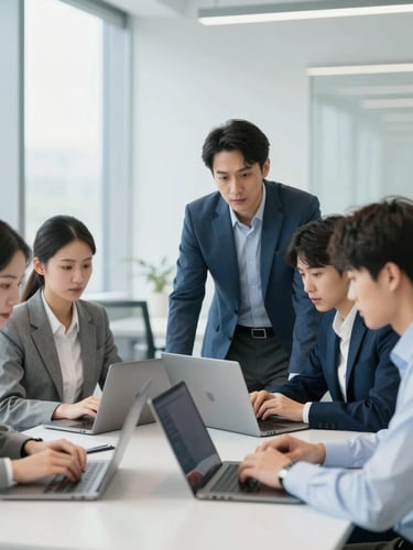 A professional mentor guiding a small group of business professionals collaborating over laptops in a bright, modern corporate office.