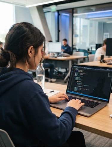Over-the-shoulder view of a student writing Python code on a laptop in a bright modern classroom, shallow depth of field, 35mm