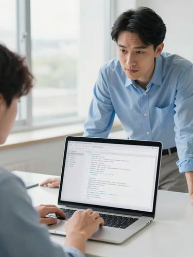 A student collaborating with a mentor over a laptop screen showing clean code, bright natural daylight, modern professional tech environment, 35mm