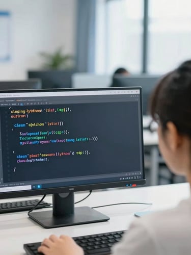Over-the-shoulder view of a student analyzing clean Python code on a monitor, bright modern classroom environment, shallow depth of field.